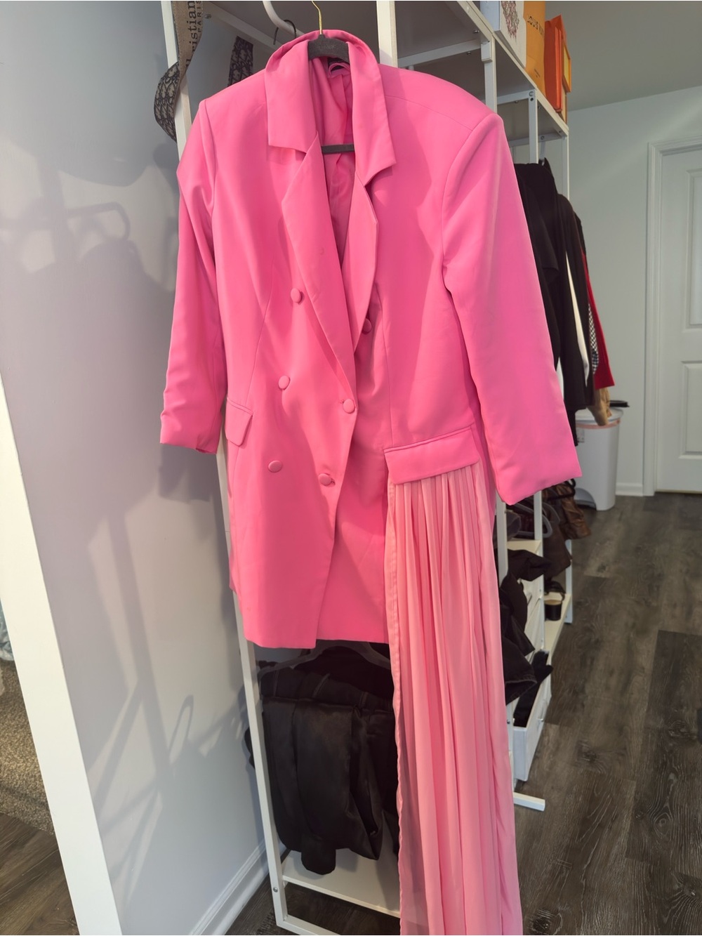 Bright Pink Double-Breasted Blazer with Pleated Side Panel